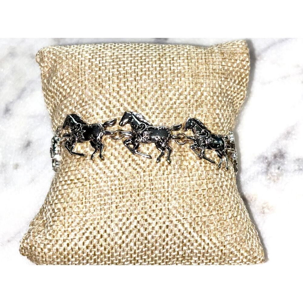 Silver Tone Galloping Horses Magnetic Clasp Bracelet